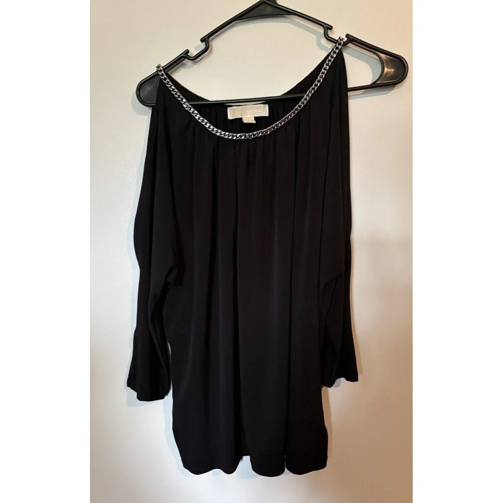 Michael Kors Blouse w/ Chain Detail, Black, Split Sleeves, Size Large